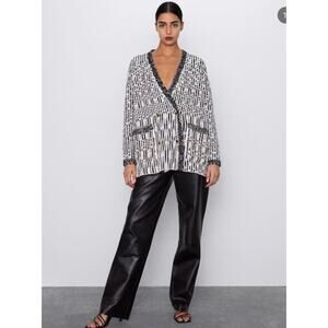 ZARA Structured Double breasted Knit Black, White Cardigan Jacket Oversized Sz S